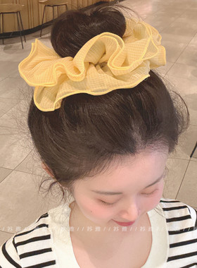 黄色格纹双层花边褶皱大肠发圈扎头发橡皮筋头绳超大号头花发绳女
