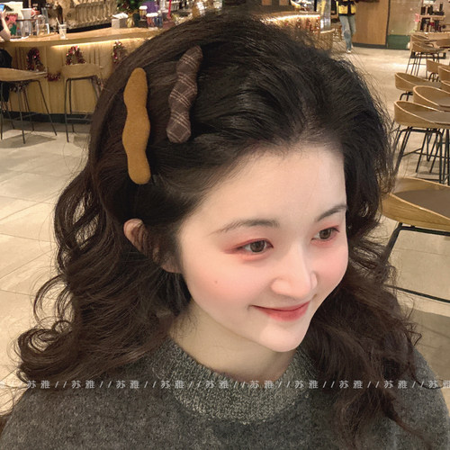 复古气质波浪格纹碎发刘海鸭嘴夹