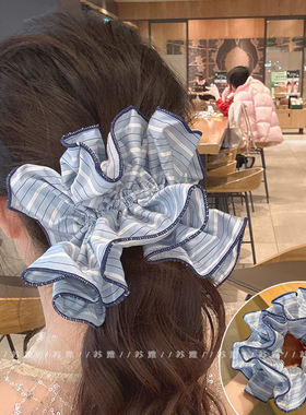 蓝色系撞色条纹双层大肠发圈扎头头绳女2025新款高级感丸子头发饰