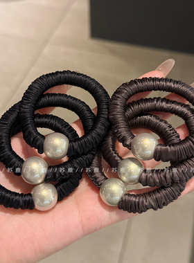 高级感气质珍珠褶皱小肠发圈简约耐用黑色发绳女扎头发橡皮筋头绳