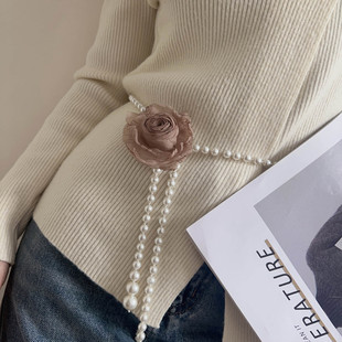 贵族法式珍珠腰链女干枯玫瑰花配裙子时尚简约百搭收腰小香风腰带