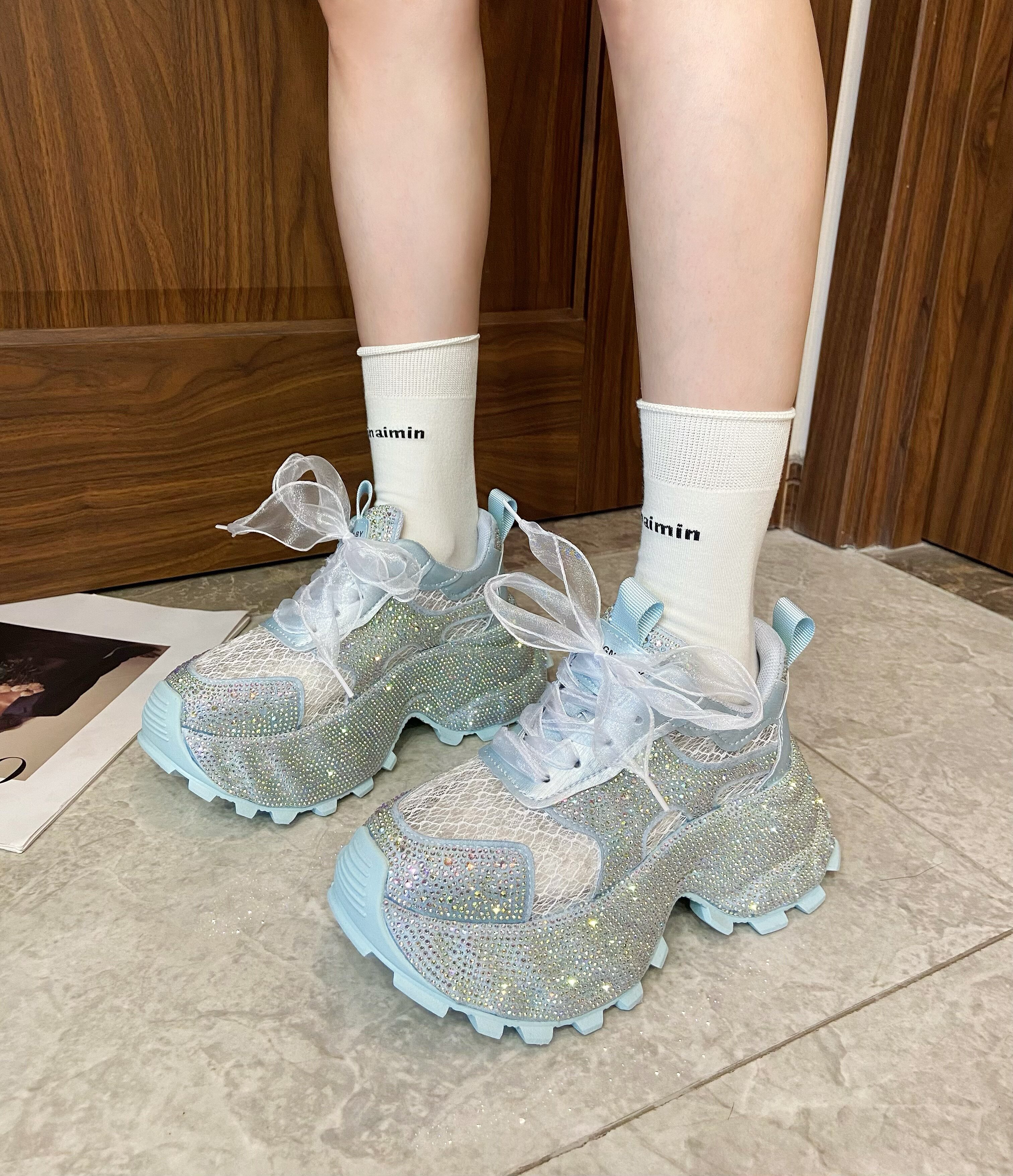 老爹鞋女ins超火水钻满钻蕾丝芭蕾风小个子7cm满天星增高运动女鞋