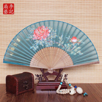 李记扇艺 手绘扇子真丝牡丹手工扇真丝扇中国风礼品
