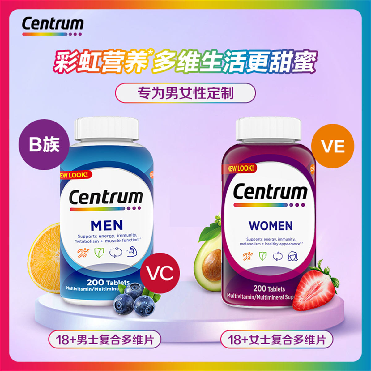 【组合】Centrum善存男女成人复合多种维生素综合vc营养品200粒