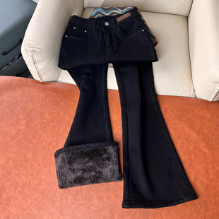 特厚东北高腰加绒加厚微喇牛仔裤女冬季新款修身显瘦羊羔毛喇叭裤