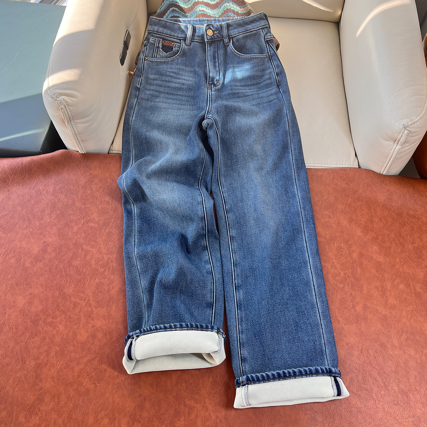 高腰无弹加绒直筒牛仔裤女冬加厚