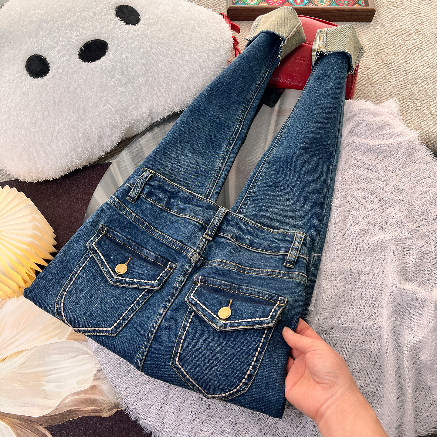 深蓝色高腰加绒牛仔裤女春秋2026新款韩版修身显瘦弹力小脚靴裤潮