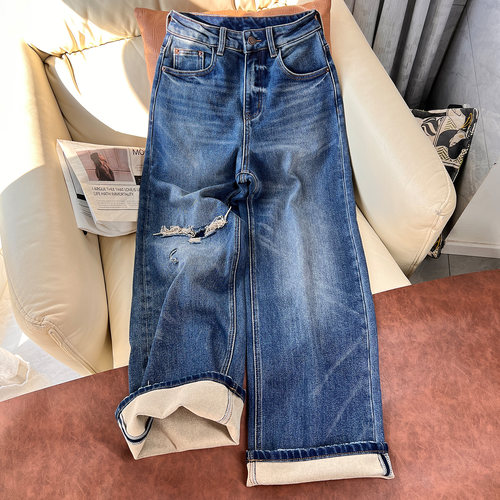 复古加薄绒阔腿牛仔裤女秋冬新款