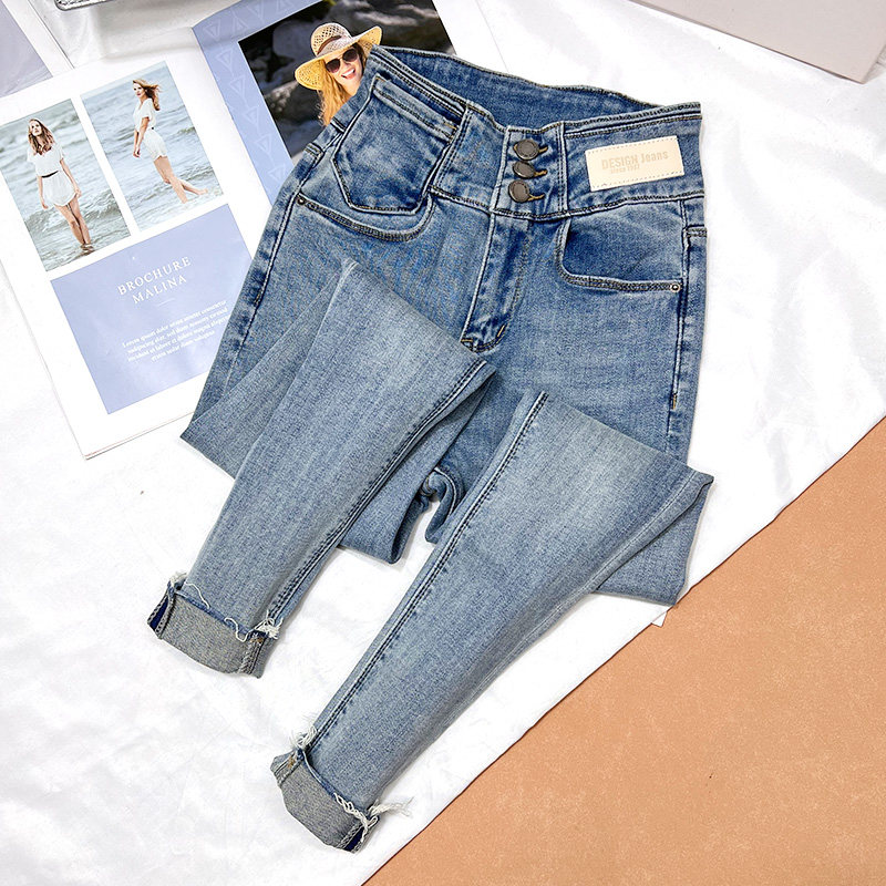 三排扣高腰显瘦紧身牛仔裤女春款