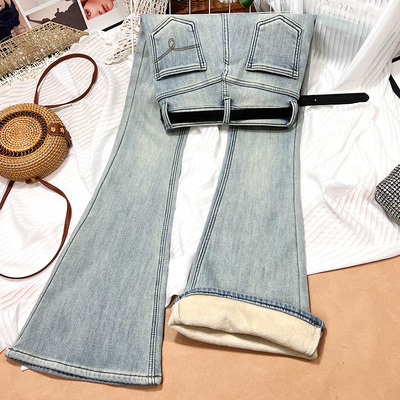 腿精~微喇牛仔裤女加绒加厚冬季