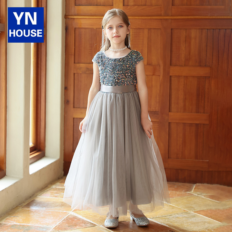 女童钢琴礼服灰色亮片长款演出服