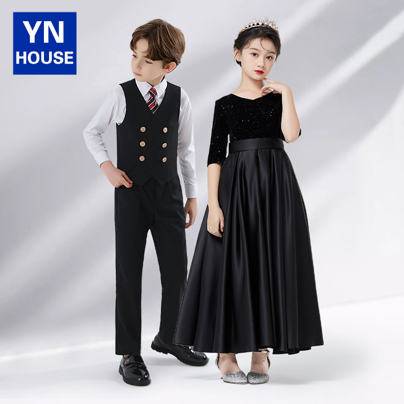 元旦节儿童演出服黑色大合唱团表演服礼服男女童小学生主持人朗诵