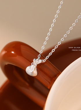 s999纯银转运小幅袋项链女国风拉丝轻奢设计感足银精致韩版锁骨链
