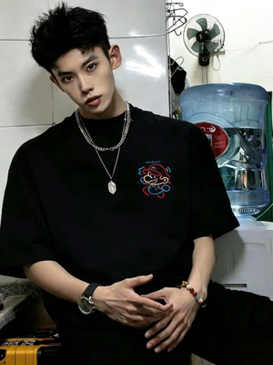 卡通马里奥同款印花周边T恤衫男女小众百搭260克纯棉圆领短袖上衣