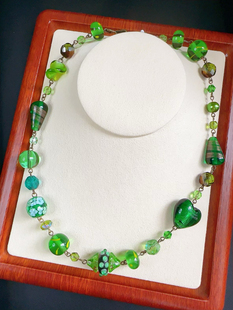 Vintage 中古意大利产穆拉诺绿色系老琉璃串珠项链【不退不换】