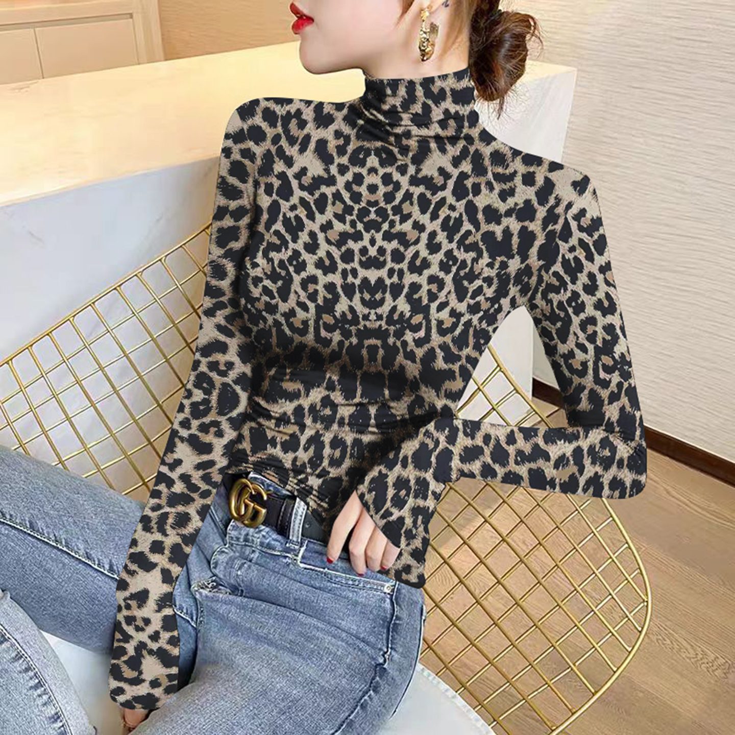 半高领豹纹长袖t恤女内搭上衣