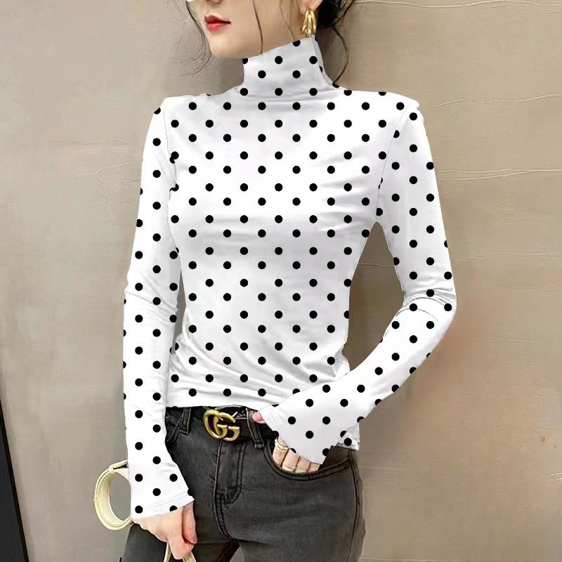 半高领长袖t恤女士秋冬季修身显瘦时尚德绒保暖打底小衫波点上衣