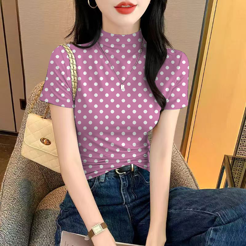 半高领t恤女士短袖上衣夏季新款洋气修身显瘦气质波点冰丝打底衫
