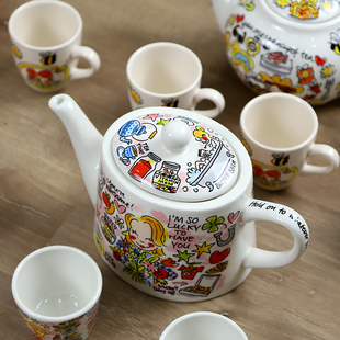 BLOND陶瓷餐具水壶茶壶凉水壶托盘组合套装卡通彩绘带提手喝水壶