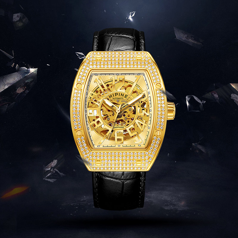 hipine/西普尼金表纯金999足金手表 进口机械机芯黄金手表酒桶型