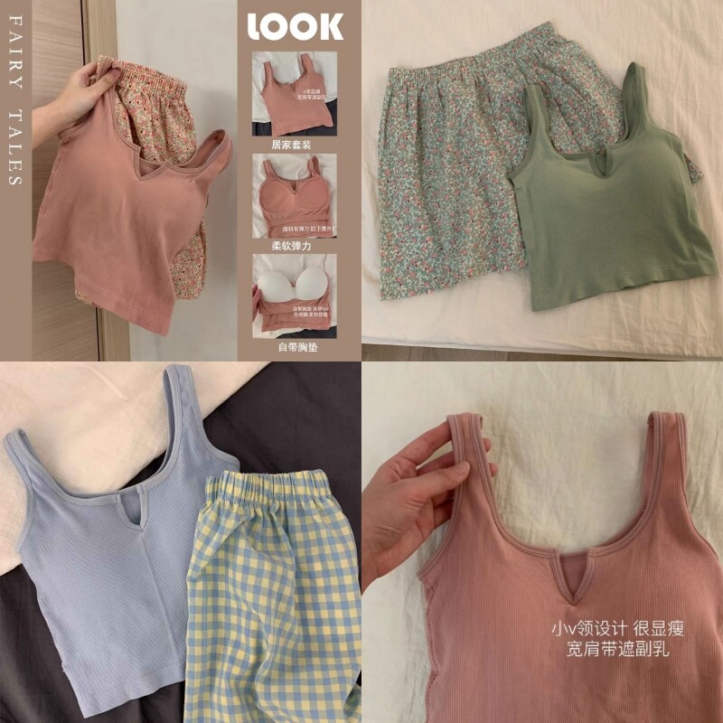 甜美带胸垫吊带睡衣女夏季运动背心碎花短裤可外穿家居服套装