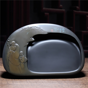 中国歙砚匠心砚台悠然见南山手工意境原石金晕精品老坑砚石孤品砚