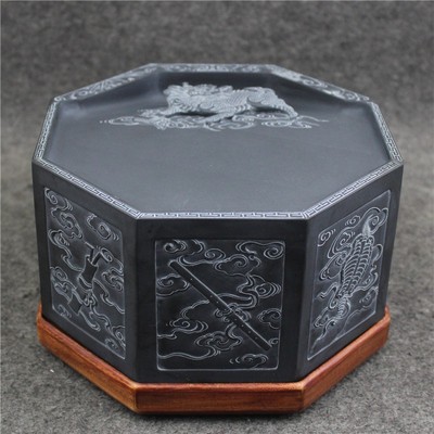 暗八仙非遗老坑鱼子原石歙砚雕刻