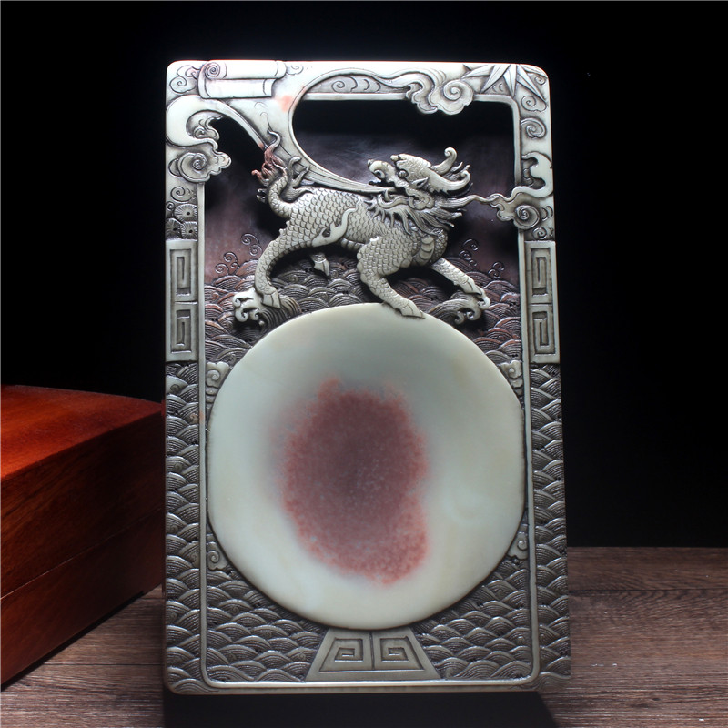 手工精品素砚砚台 麒麟龙龟 紫袍玉子料长方素池收藏重器文房摆件