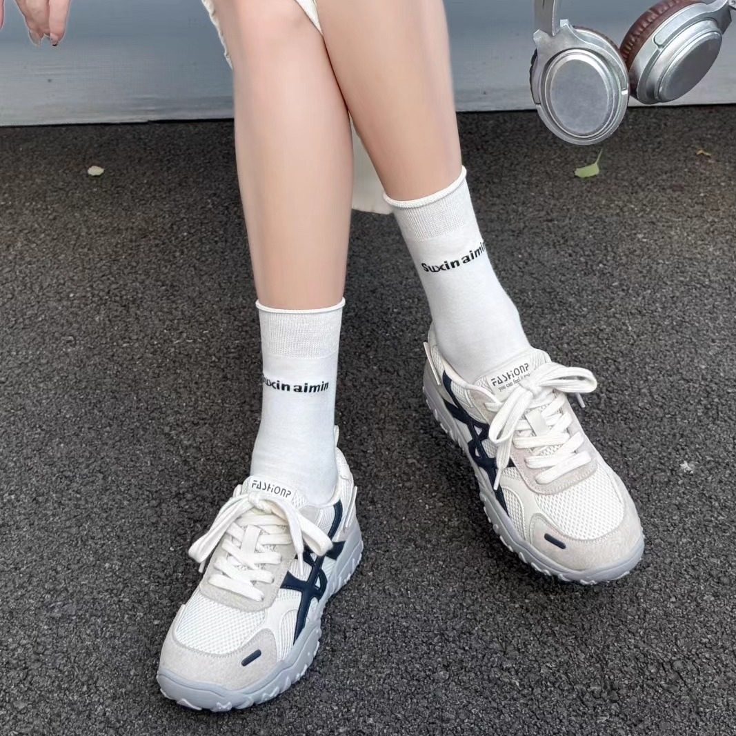 真皮厚底网面德训鞋女2025早秋新款透气舒适阿甘鞋防滑休闲运动鞋