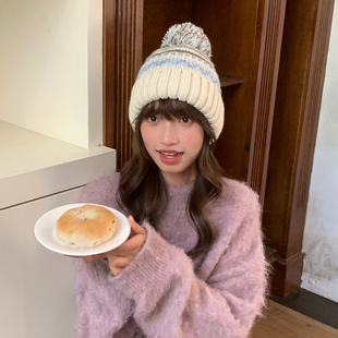 Deepsea深海 费尔岛风针织毛线帽女秋冬复古百搭毛球保暖护耳冷帽