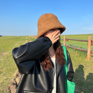 高级感羊毛台灯帽秋冬季 保暖素颜遮脸帽子盆帽纯色渔夫帽水桶帽