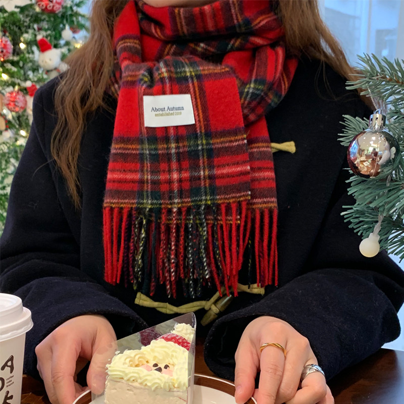 节日氛围感新年礼物红色格子围巾女冬季围脖护颈100%纯羊毛韩版保