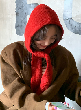 红色巴拉克拉法帽女新款保暖帽子围巾一体可爱时尚针织毛线帽