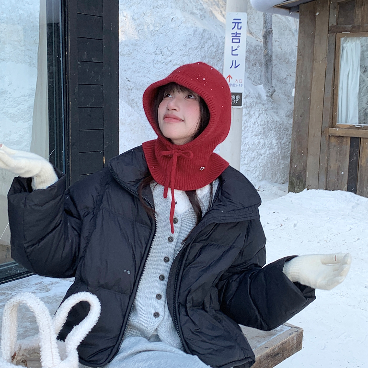 纯羊毛红色巴拉克拉法帽针织帽