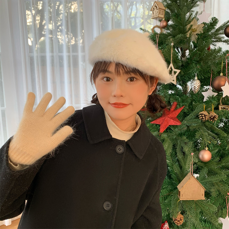 Deepsea深海 周幼琳同款兔毛贝雷帽白色毛绒绒气质秋冬网红画家帽