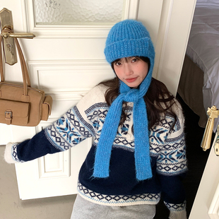 高圆圆同款蓝色针织帽子女冬护耳帽毛线帽韩系显脸小帽子围巾一体
