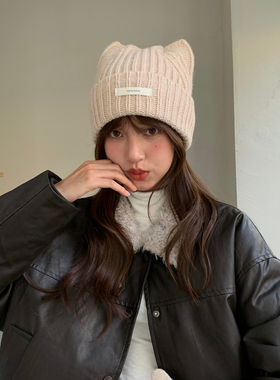 高品质100%澳洲羊毛 可爱猫耳朵针织毛线帽女秋冬显脸小保暖帽子