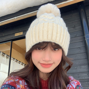 Deepsea深海 加绒加厚帽子女士冬可爱毛球针织毛线帽时尚洋气冷帽