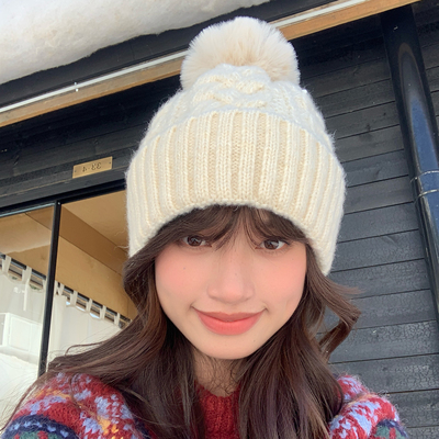 加绒加厚可爱毛球针织帽女冬