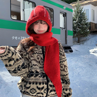 Deepsea深海 费尔岛风羊毛巴拉克拉法帽围巾一体红色帽子女士冬