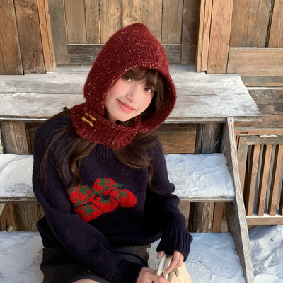 Deepsea深海 复古牛角扣夹花红色巴拉克拉法帽保暖帽子围巾一体