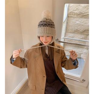 Deepsea深海 费尔岛复古毛线帽子女加厚保暖护耳雷锋帽秋冬针织帽