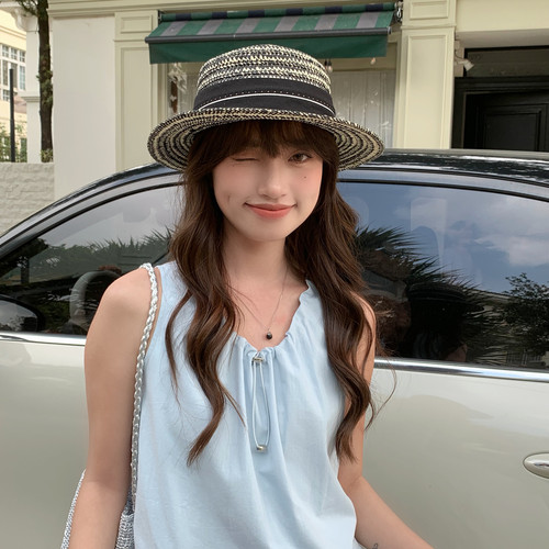 法式编织平顶遮阳帽女夏度假风