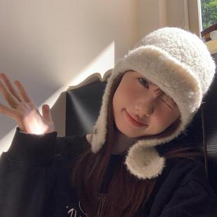 韩国设计师针织圈圈毛可爱飞行帽女冬百搭白色护耳保暖毛线雷锋帽