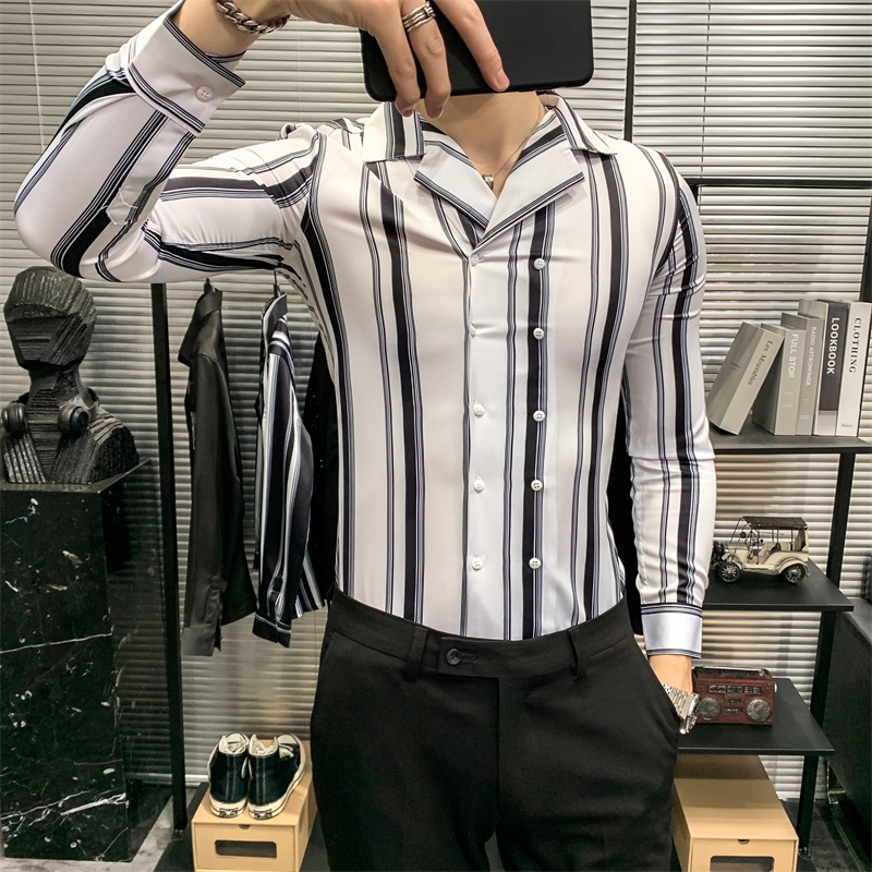 Spring men's long sleeve shirt suit collar slim Stripe Shirt Men's