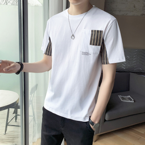 2025夏款男士纯色圆领短袖T恤条纹拼接设计打底衫男B317/9271/P48图片