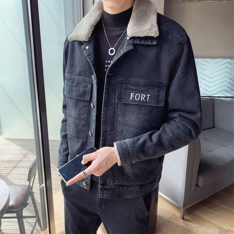 Denim jacket male winter lamb wool collar Plush Fleece warm coat man
