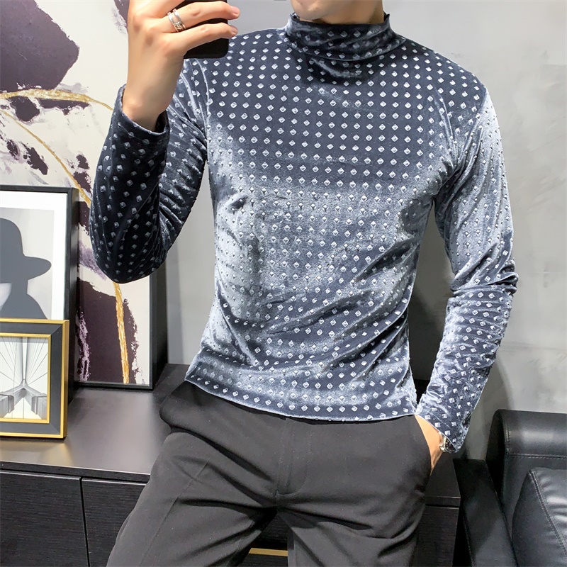 Autumn men's long sleeve T-shirt with gold velvet half high collar and bottom-up shirt slim men's T-shirt gray