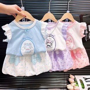 2025夏季新款潮流女童卡通两件套时尚飞袖可爱家居服套装两件套潮