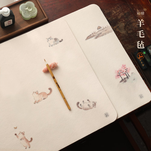 文艺范猫咪桃源画毡 彩绘毛毡垫桌垫书画垫子学生布书法桌布桌垫